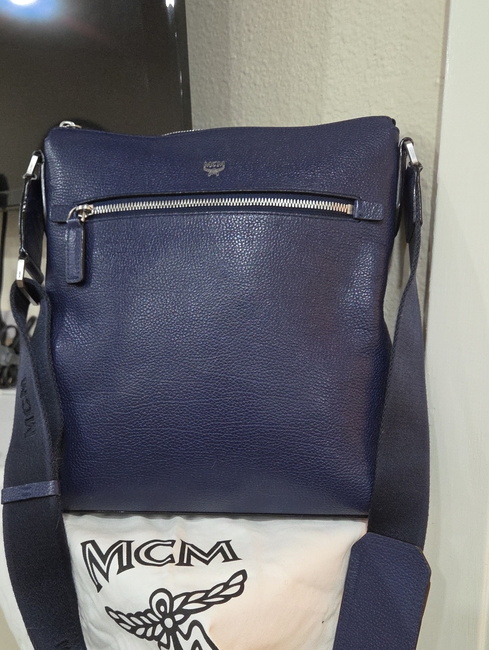 MCM Navy Pebbled Leather Messenger Bag with Silver-Tone Zip